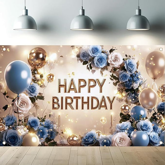 Blue and Gold Happy Birthday Backdrop Banner Elegant Floral Balloon Photography Background Birthday Party Decorations Glittering Rose Blue Gold Balloons Banner Supplies 71x43 Inch
