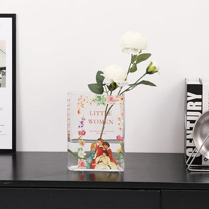 Book Vase for Flowers, Glass Book Vase, Book Flower Vase, Clear Book Vase, Book Shaped Vases, A Book About Flowers Vases for Bedroom, Living Room, Office, Bookshelf (Women)