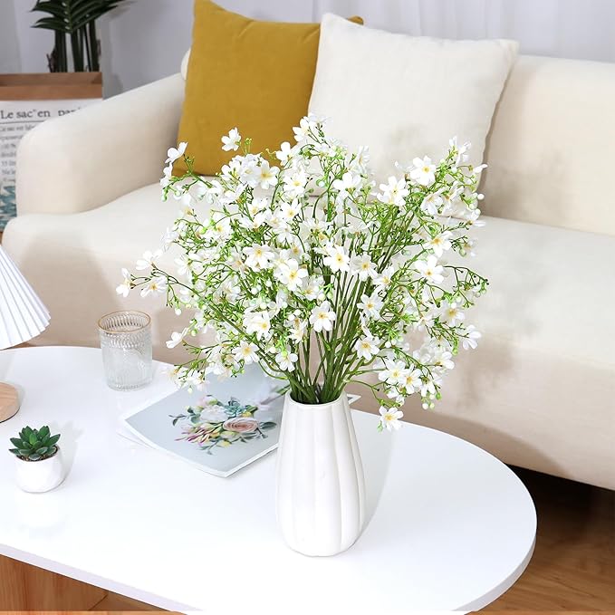 Artificial Flowers 8PCS Silk Flowers with Long Stems, Fake Flowers Bulk Fake Babys Breath, White Flowers for Tall Vase Outdoor Garden Wedding Party Home Table Centerpiece Winter