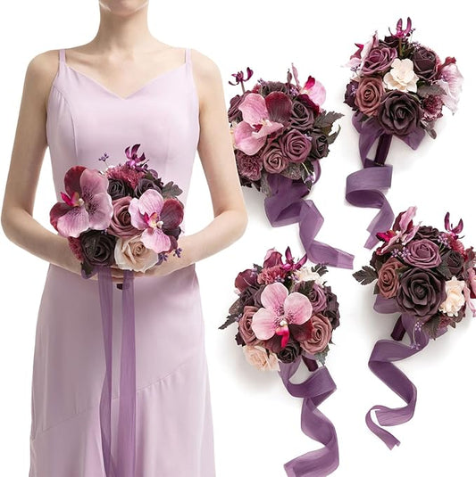 Ling's moment Purple Bridesmaid Bouquet Set of 4, Deep Plum Wedding Bouquets for Bridesmaids, 7 Inch Bridal Bouquets for Bridesmaids, Wedding, Ceremony, Anniversary, etc.