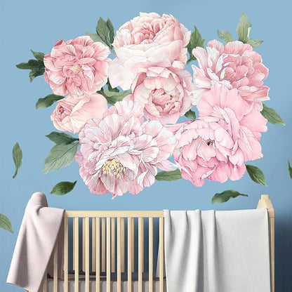 Large Pink Peony Wall Decals, Blush Flower Stickers for Girls Room & Kids Bedroom, Colorful Floral Vinyl Art for Nursery, Self-Adhesive Decor