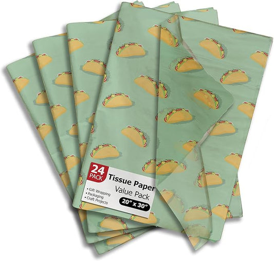 Pro Supply Global Taco Printed Tissue Paper for Gift Bags or Boxes and Wrapping - Food Designed Bulk Decorative Art Tissue Paper for Packaging and Gifting | 24 Sheets 20" x 30"