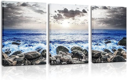 SERIMINO Beach Wall Art, Coastal Wall Art, Ocean Wall Decor, Modern Landscape Paintings Art Prints 3 Pieces Set, Seaside Canvas Pictures for Living Room Bedroom Bathroom Home Office Decoration 20"X28"