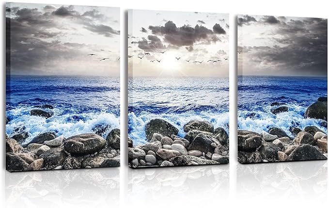 SERIMINO Beach Wall Art Set, Blue Coastal Landscape Wall Decor, Modern Ocean Paintings Art Prints Home Office Decoration, Seaside Canvas Pictures for Living Room Bedroom Bathroom 3 Pieces 16"X24"