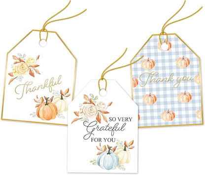 Pro Supply Global 24 Count of 2.5 Inch x 3 Inch Pre Strung Thankful Fall Pumpkins Gift Tag Assorted Printed Designs on Large Cardstock Gift Hang Tags - Ideal to Use on Bags