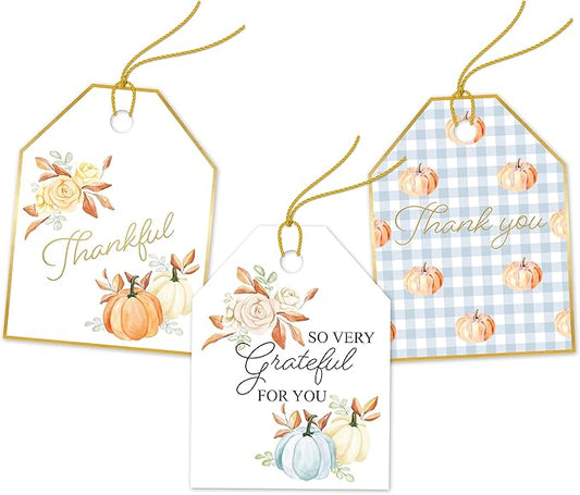 Pro Supply Global 24 Count of 2.5 Inch x 3 Inch Pre Strung Thankful Fall Pumpkins Gift Tag Assorted Printed Designs on Large Cardstock Gift Hang Tags - Ideal to Use on Bags