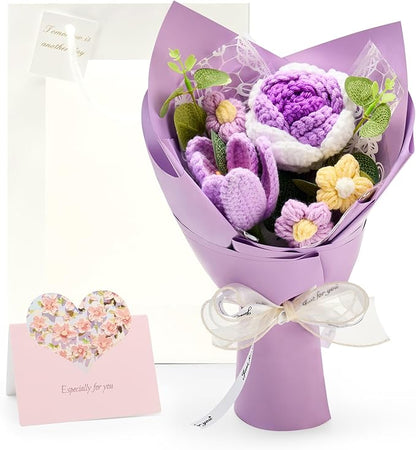 Crochet Flowers Bouquet Gift for Wife Girlfriend Fiancee Mother Women, Handmade Artificial Knit Purple Rose Tulip Flower for Wedding Anniversary Birthday Valentine's Day Present, Home Decor