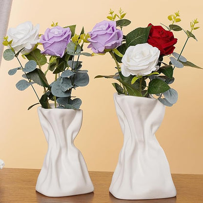 Paper Bag Vase Set of 2, White Ceramic Vases, Flower Vases, Aesthetic Minimalist Boho Vase for Modern Trendy Home Room Table Centerpiece Decor