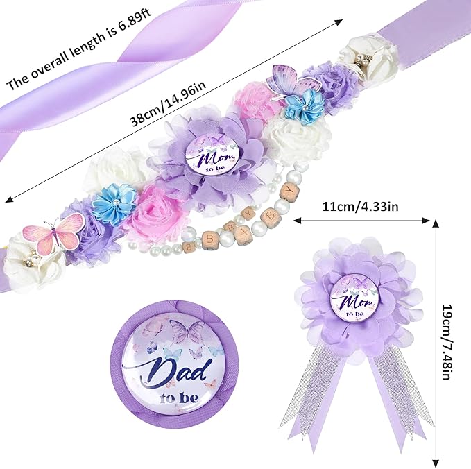 INSYOHO Butterfly Baby Shower Decorations - Adjustable a Little Butterfly is on Her Way Theme Maternity Belt with Purple Flowers Baby Shower Decorations, Gender Reveal Party Supplies for Mom to Be