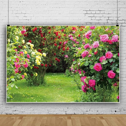 Renaiss 9x6ft Spring Garden Backdrop Red Pink Rose Flower Park Floral Green Leaf Grass Natural Landscape Photography Background for Wedding Bridal Shower Party Decor Photo Booth Props