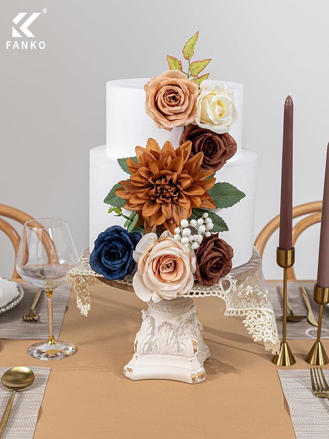 FANKO Artificial Flowers Navy Blue Rose, Mixed Fake Silk Flowers Combo Cream Yellow Rose Brown Dahlia Light Blue Peony Vintage Assorted Blooms for DIY Wedding Bridal Bouquets, Home Decor
