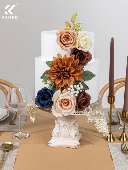 FANKO Artificial Flowers Navy Blue Rose, Mixed Fake Silk Flowers Combo Cream Yellow Rose Brown Dahlia Light Blue Peony Vintage Assorted Blooms for DIY Wedding Bridal Bouquets, Home Decor