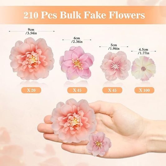 210 Pcs Mini Silk Flower Heads Small Pink Fake Rose Daisy Faux Flowers Bulk for Crafts Artificial Loose Fabric Flowers Heads Sunflower Bulk for Wedding Hair Cap Dresses Decorations (Light Pink Mixed)