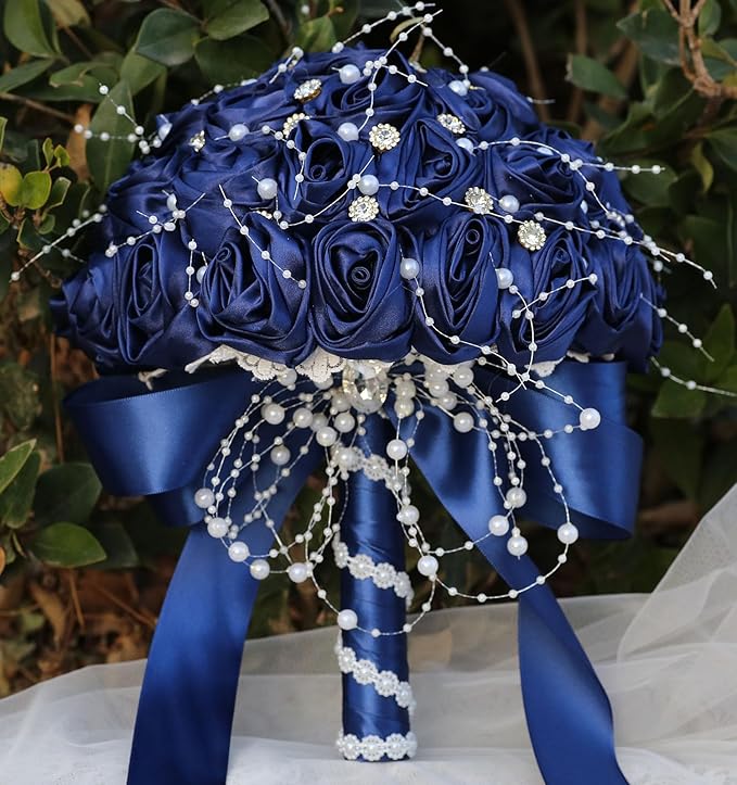 Bridal Wedding Bouquet Round Bling Brooch Bouquet Throw Toss Artificial Rose Flower Bunch for Bride Bridesmaid Wedding Quinceanera(Navy Blue, 6.3")