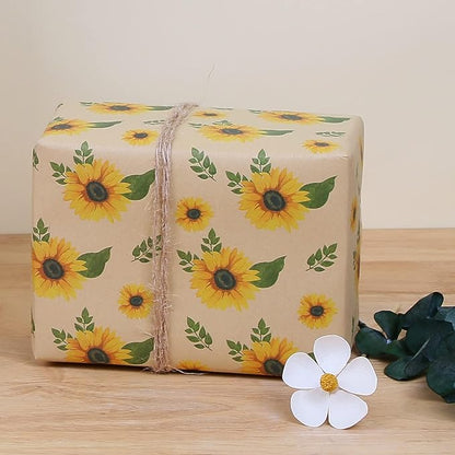 Aimyoo Sunflower Kraft Wrapping Paper Roll - Mini Roll - 17 in x 16.4 ft - All Occasion Floral Gift Wrap Paper for Wedding Bridal Shower Birthday