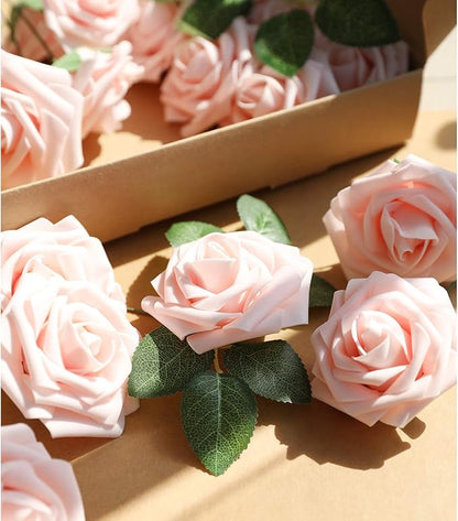 AmyHomie Artificial Flower Blush Pink Rose 25pcs Real Looking Fake Roses w/Stem for DIY Wedding Bouquets Centerpieces Arrangements Party Baby Shower Valentines Day Christmas Tree Decorations