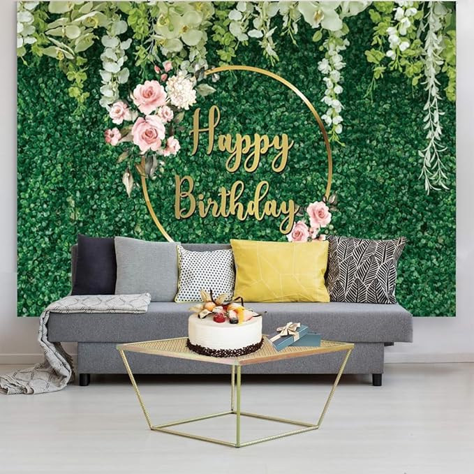 12x6ft Happy Birthday Backdrop Green Grass Flowers Wall Greenery Green Leaves Nature Botanical Photography Background Birthday Party Anniversary Portrait Studio Photo Props Polyester