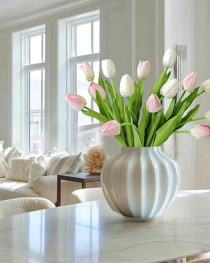 12pcs Tulips Artificial Flowers Real Touch Silk Faux Flowers Tulip Stems for Wedding Spring Bouquet Floral Arrangement Home Party Office Decorations (White & Pink)
