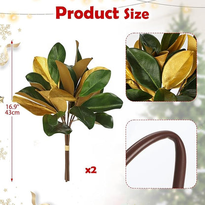 Briful 2 Pack 16.9 Inch Green & Gold Faux Magnolia Leaves Stems, Artificial Magnolia Branches Silk Greenery for Xmas Home Office Vase Floral Arrangement Decor, Vase not Included