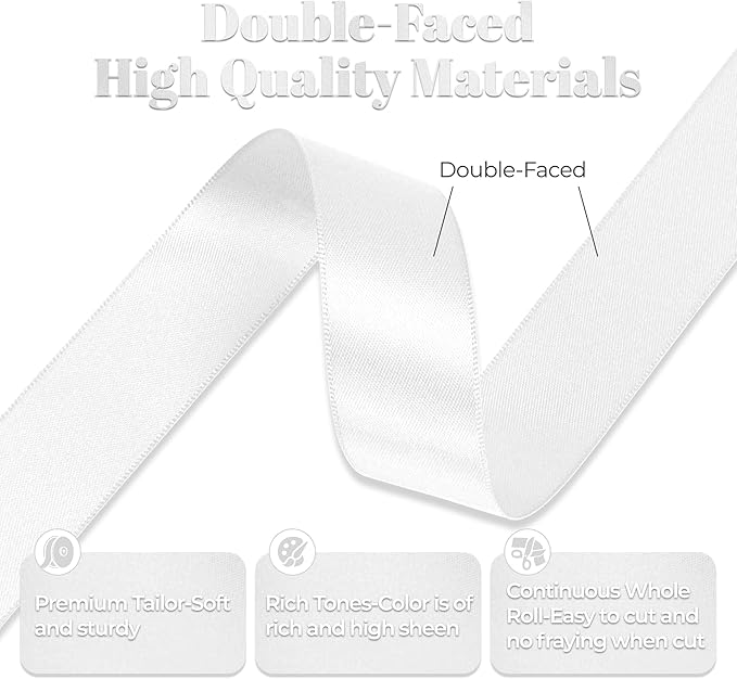 White Satin Ribbon, Double Faced 1 Inch X 25 Yards White Ribbon, Premium Satin Ribbons for Gift Wrapping, Crafts, Hair Bow Making, Sewing, Flower Bouquet, Wedding Party Decor