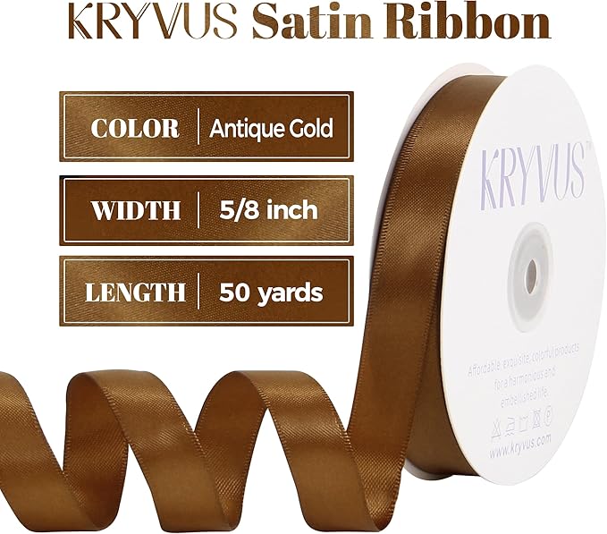 Antique Gold Satin Ribbon, Double Faced 5/8 Inch X 50 Yards Antique Gold Ribbon, Premium Satin Ribbon for Gift Wrapping, Crafts, Hair Bow Making, Sewing, Flower Bouquet, Wedding Party Decor