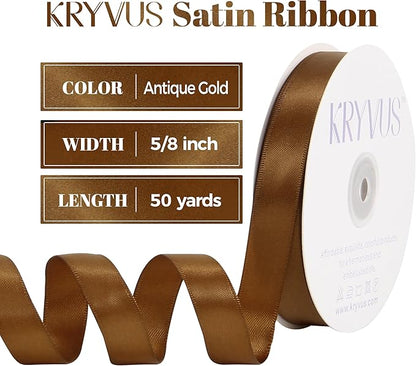 Antique Gold Satin Ribbon, Double Faced 5/8 Inch X 50 Yards Antique Gold Ribbon, Premium Satin Ribbon for Gift Wrapping, Crafts, Hair Bow Making, Sewing, Flower Bouquet, Wedding Party Decor