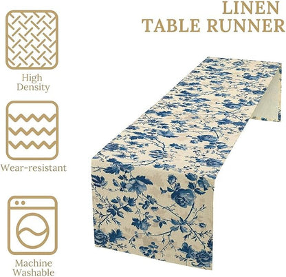 Vintage Floral Table Runner, Retro Blue Flowers Farmhouse Design Table Runner for Kitchen Dining Holiday Party Decor, 13x108 Inch