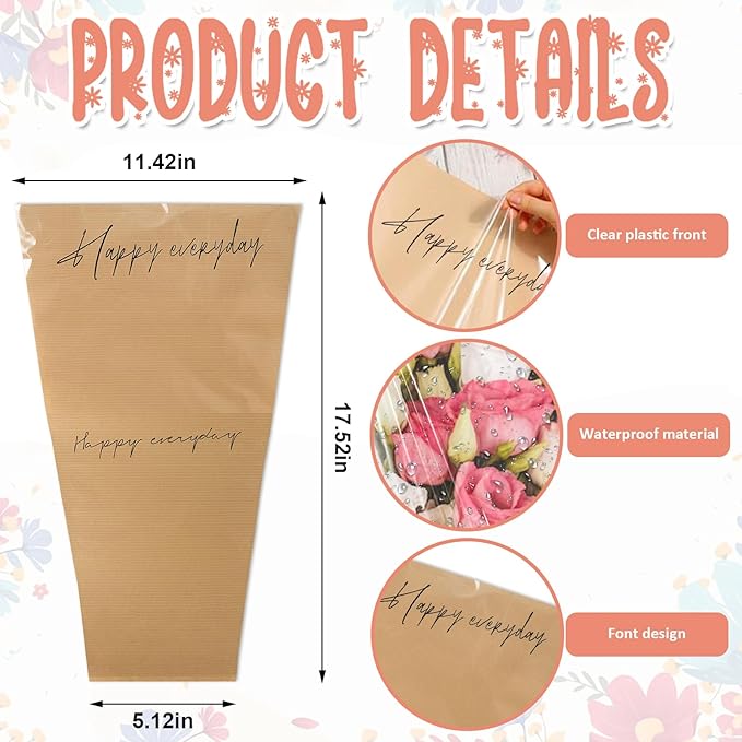 Hying 20 Pieces Flower Wrapping Bags for Bouquets, Floral Packing Sleeves Kraft Paper Bouquet Bags Wrapping Sleeves for Teacher Graduation Wedding Mother's Day Gift