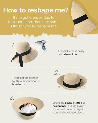 FURTALK Womens Beach Sun Straw Hat UV UPF 80+ Travel Foldable Brim Summer UV Hat
