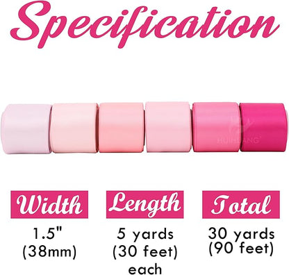 HUIHUANG Pink Ribbon 1-1/2" Satin Ribbon Assorted Pink/Hot Pink Satin Ribbons for Flower Bouquet, Gift Wrapping, Hair Bows Crafts, Wedding Bridal Shower Decor- 6 Rolls, Total 30 Yards