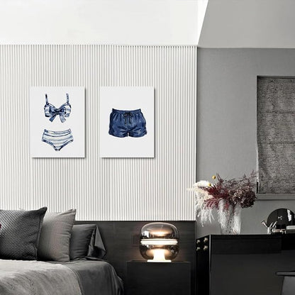 Blue White Painted Swimsuits Lake House Beach House Wall Decor Canvas Wall Art Framed Prints Artwork Posters Painting Picture for Home Bar Cart Laundry Room Girls Room Bedroom 14.5X11.5 Inch