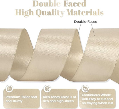Beige Satin Ribbon, Double Faced 1-1/2 Inch X 25 Yards Beige Ribbon, Premium Satin Ribbon for Gift Wrapping, Crafts, Hair Bow Making, Sewing, Flower Bouquet, Wedding Party Decor