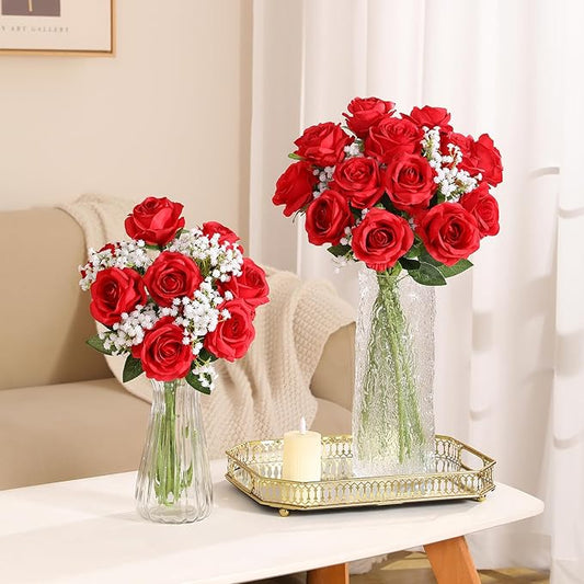 JUSTOYOU 30PCS Artificial Roses Silk Flowers in Bulk, Realistic Red Fake Roses for Wedding Decorations, Home Decor, Centerpieces, Indoor Floral Arrangements