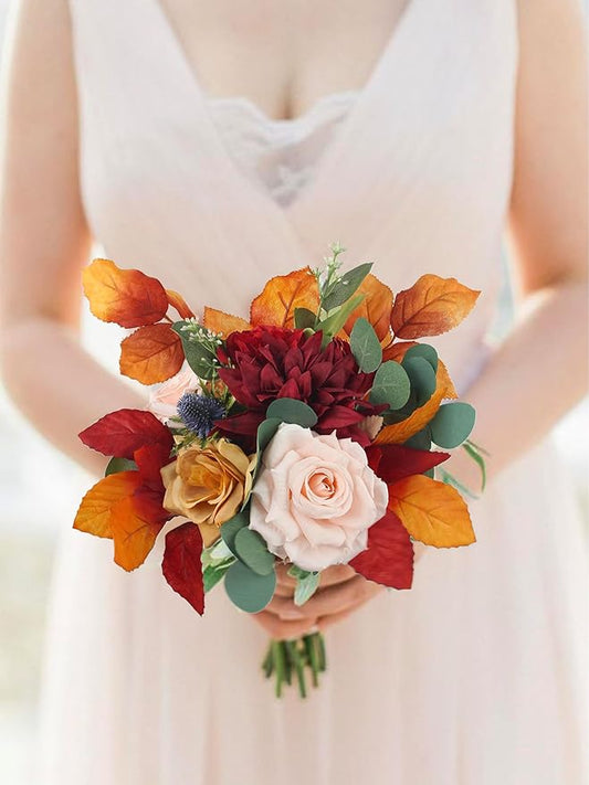 Rinlong 1Pc Bridesmaids Bouquet Fall Wedding Bouquets for Bridesmaid Terracotta Artificial Flowers Burnt Orange Silk Bouquet for Wedding
