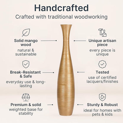 Leewadee Large Gold Home Decor Floor Vase - Wooden 26 inch Tall Farmhouse Decor Flower Holder for Fake Plant and Pampas Grass