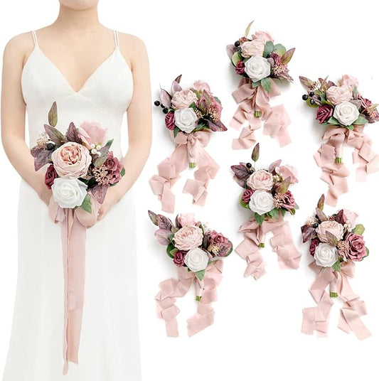 Ling's moment Artificial Flowers Pink Bridesmaid Bouquet Set of 6, Dusty Rose & Mauve Wedding Flowers Bouquets for Bridesmaids, 7 Inch Bridal Bouquets for Bridesmaids, Wedding, Ceremony, Anniversary,