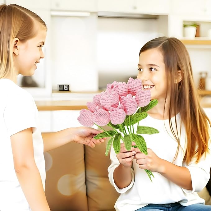 YoungJoy 12 Pcs Crochet Rose Handmade Knitted Flowers Tulip Sunflower Daisy Heart Artificial Knitted Floral Mother Day Graduation Home Decor(Cute Pink Tulip)