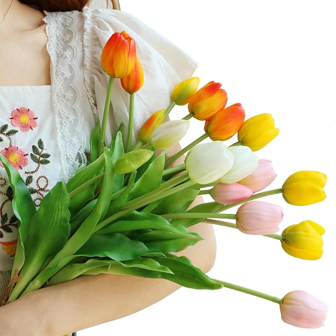 Artificial Flowers 15pcs Fake Tulips Real Touch, Faux Latex Tulips Flowers with Gift Box Soft Faux Tulips Bouquets Arrangements for Party Wedding Home Room Decoration(3 Colors)