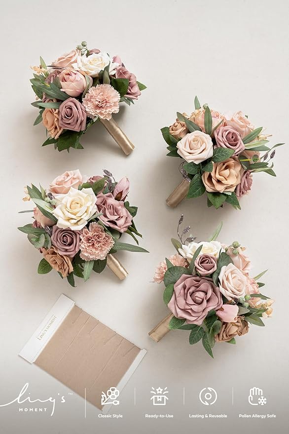 Ling's moment Champagne Gold Bridesmaid Bouquet Set of 4, Gold & Cream Wedding Bouquets for Bridesmaids, Sand Dun 7 Inch Bridal Bouquets for Bridesmaids, Wedding, Ceremony, Anniversary, etc.