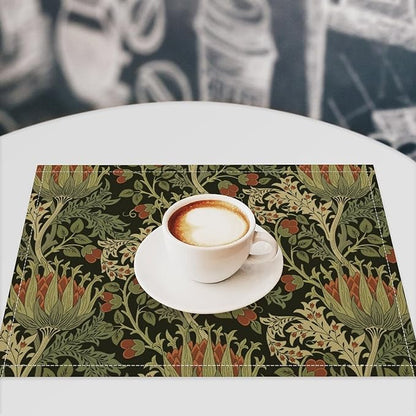 Vintage Boho Florals Placemats Set of 6, William Morris Retro Botanical Plant Foliage Place Mats, Heat Resistant Non Slip Cotton Linen Dining Table Mats for Home Kitchen Party 18x12 Inch