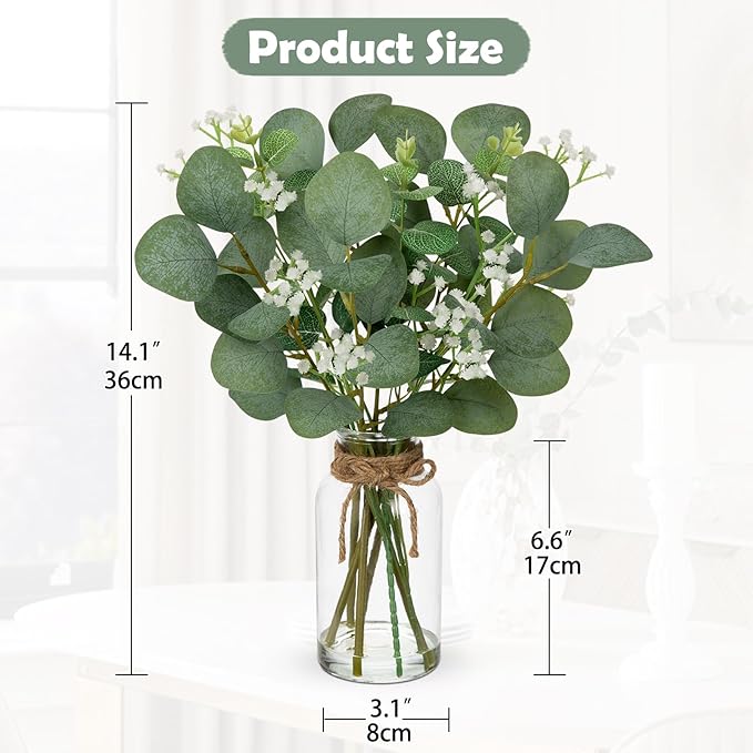 Briful Artificial Eucalyptus Stems with Baby Breath Flowers in Glass Vase with Faux Water, 14" Fake Plant Eucalyptus Leaves for Home Farmhouse Wedding Centerpiece Bathroom Décor
