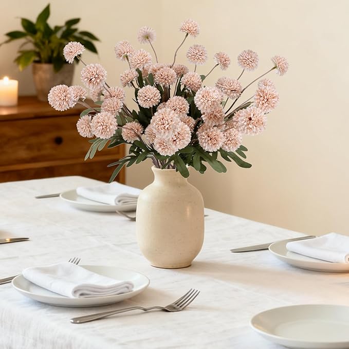 Geegoods Beige Pompon Mum Artificial Flowers with Eucalyptus – 10pcs, 21’’ Long Stems Fake Flowers for Vase Floral Arrangements Christmas Table Centerpieces Bouquets & Rustic Home Décor