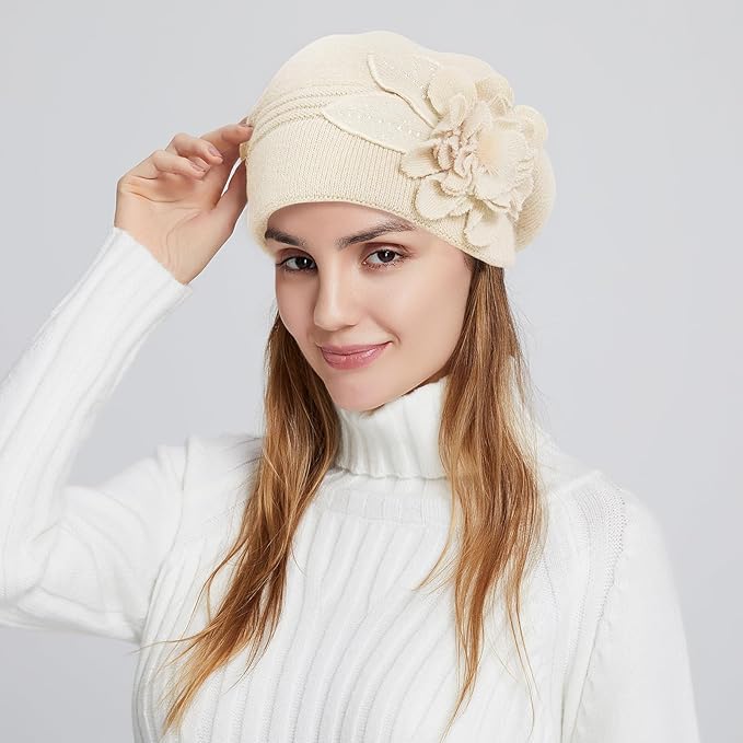 Flower Women Beret, Double Layer Thickened Winter Knitted Beanie Beret Hat, Stylish French Dress Beret Hats for Women