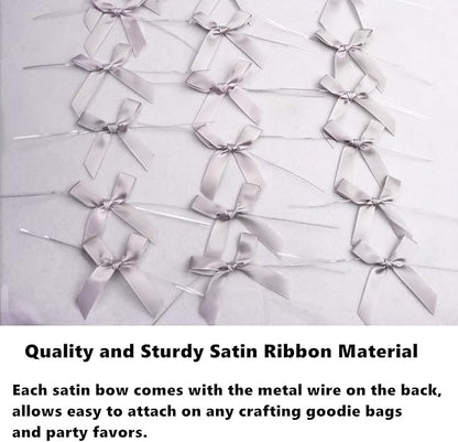 100 Pack 3" Satin Twist Tie Bows, Twist Bows for Treats, Ribbon Bows with Twist Ties Gift Wrap Bows, Pretied Bows Ties for Cake Pops, Baby Shower, Sweets Packaging, Party Favors, Gifts(Silver)