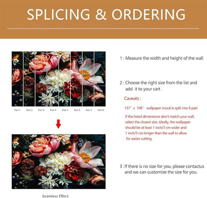 Dark Floral Wallpaper Peel and Stick Large Peony Flower Self Adhesive Wall Mural for Bedroom 157"x108"