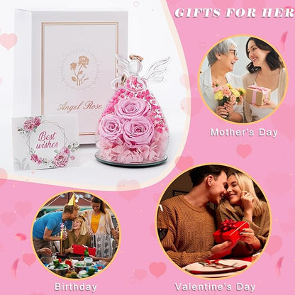Beferr Christmas Birthday Gifts for Women, Mom Gifts for Christmas Fresh Flowers for Delivery Prime Forever Preserved Rose in Glass Angel Figurine Xmas Gifts for Grandma Wife Sister Her, Pink