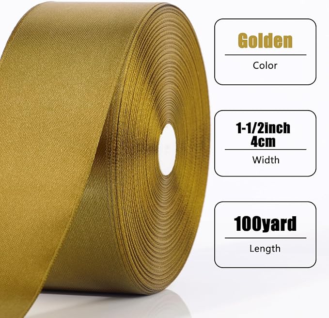 NESCCI 100 Yards Ribbon,1-1/2 Inch Gold Satin Ribbon,Single Face Satin Ribbons,Perfect for Gift Wrapping,Wedding Decoration,Handmade Bows,Wrapping Bouquet and More