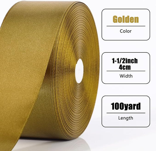 NESCCI 100 Yards Ribbon,1-1/2 Inch Gold Satin Ribbon,Single Face Satin Ribbons,Perfect for Gift Wrapping,Wedding Decoration,Handmade Bows,Wrapping Bouquet and More