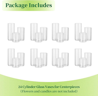 Glass Cylinder Vases Set of 24, Hewory Tall Clear Vase for Centerpieces, Glass Hurricane Candle Holders for Pillar Floating Candles, Round Vases for Wedding Events Table Decor, 2.6” in Diameter