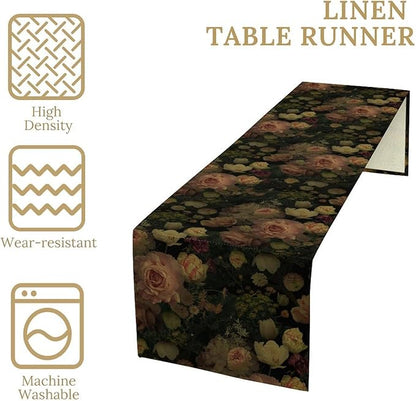 Vintage Floral Table Runner,Pink Flowers Rose Gothic Print Table Runner for Home Kitchen Table Dining Indoor Outdoor Party Decor 13x60 Inch